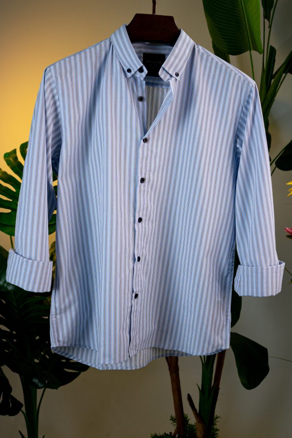 Blue With White and Black Striped Shirt