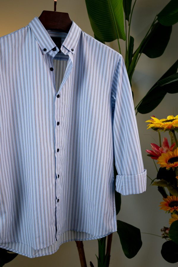 Blue With White and Black Striped Shirt